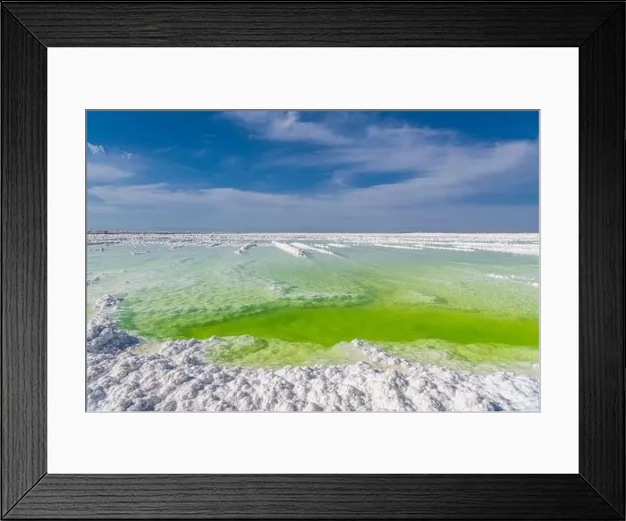 Framed Print : Qarhan or Chaerhan lake in Qinghai, drone aerial picture. Emerald lake background, copy space for text Framed Print : Qarhan or Chaerhan lake in Qinghai, drone aerial picture. Emerald lake background, copy space for text