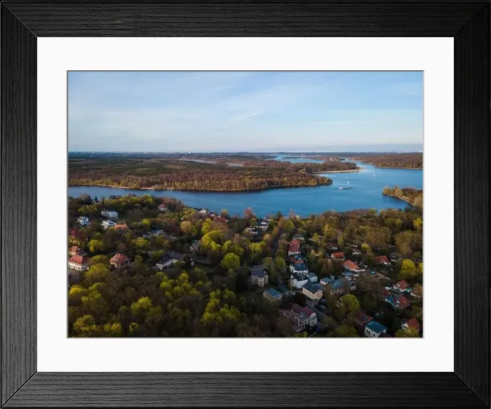 Framed Print : Beautiful top view of lake Jungfernsee and landscape in Potsdam, Germany - copy space Framed Print : Beautiful top view of lake Jungfernsee and landscape in Potsdam, Germany - copy space