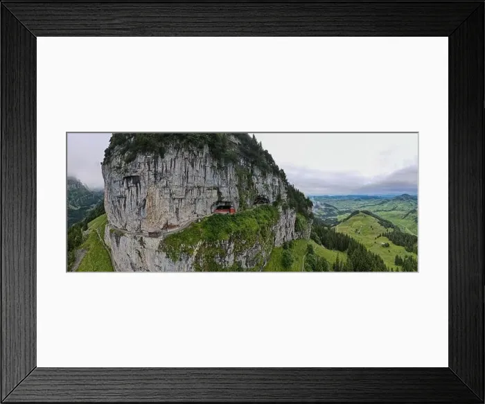 Framed Print : Ebenalp, Switzerland – 13 July 2024: drone view at Wildkirchli caves at Ebenalp in the Swiss alps Framed Print : Ebenalp, Switzerland – 13 July 2024: drone view at Wildkirchli caves at Ebenalp in the Swiss alps