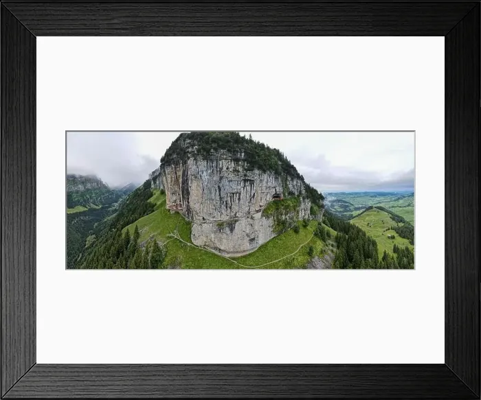 Framed Print : Ebenalp, Switzerland – 13 July 2024: drone view at the famous mountain guesthouse Aescher at Ebenalp in the Swiss alps Framed Print : Ebenalp, Switzerland – 13 July 2024: drone view at the famous mountain guesthouse Aescher at Ebenalp in the Swiss alps