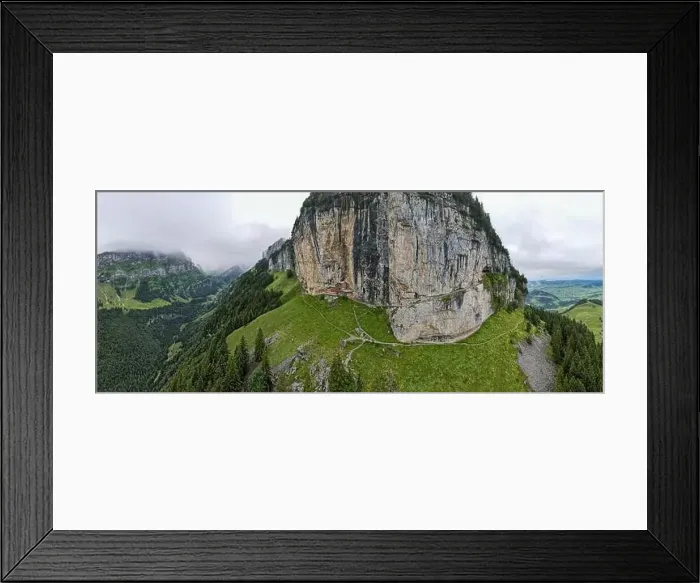 Framed Print : Ebenalp, Switzerland – 13 July 2024: drone view at the famous mountain guesthouse Aescher at Ebenalp in the Swiss alps Framed Print : Ebenalp, Switzerland – 13 July 2024: drone view at the famous mountain guesthouse Aescher at Ebenalp in the Swiss alps