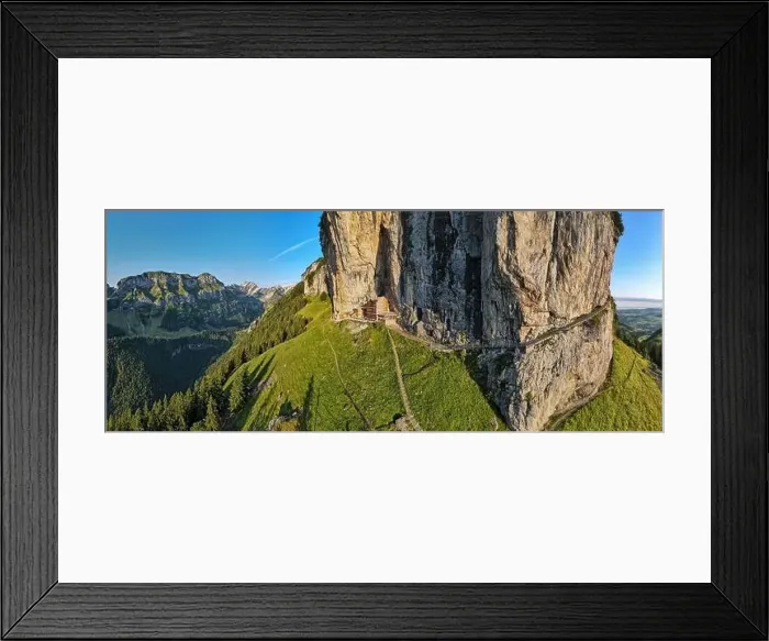 Framed Print : Ebenalp, Switzerland – 13 July 2024: drone view at the famous mountain guesthouse Aescher at Ebenalp in the Swiss alps Framed Print : Ebenalp, Switzerland – 13 July 2024: drone view at the famous mountain guesthouse Aescher at Ebenalp in the Swiss alps