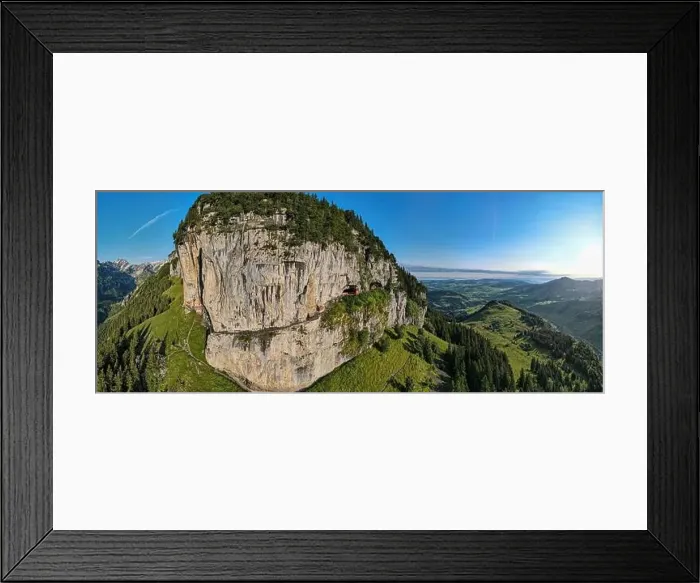 Framed Print : Ebenalp, Switzerland – 13 July 2024: drone view at the famous mountain guesthouse Aescher at Ebenalp in the Swiss alps Framed Print : Ebenalp, Switzerland – 13 July 2024: drone view at the famous mountain guesthouse Aescher at Ebenalp in the Swiss alps