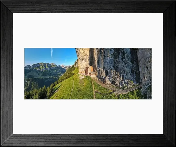 Framed Print : Ebenalp, Switzerland – 13 July 2024: drone view at the famous mountain guesthouse Aescher at Ebenalp in the Swiss alps Framed Print : Ebenalp, Switzerland – 13 July 2024: drone view at the famous mountain guesthouse Aescher at Ebenalp in the Swiss alps