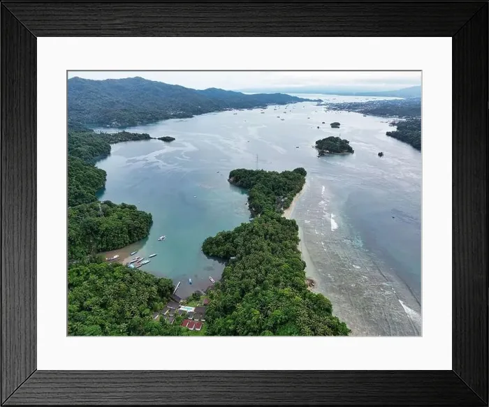 Framed Print : Indonesia Lembeh - Drone view to Lembeh Strait and Bitung City Framed Print : Indonesia Lembeh - Drone view to Lembeh Strait and Bitung City