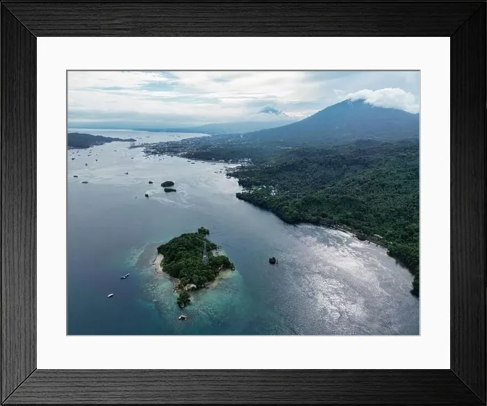 Framed Print : Indonesia Lembeh - Drone view to Lembeh Strait and Bitung City Framed Print : Indonesia Lembeh - Drone view to Lembeh Strait and Bitung City