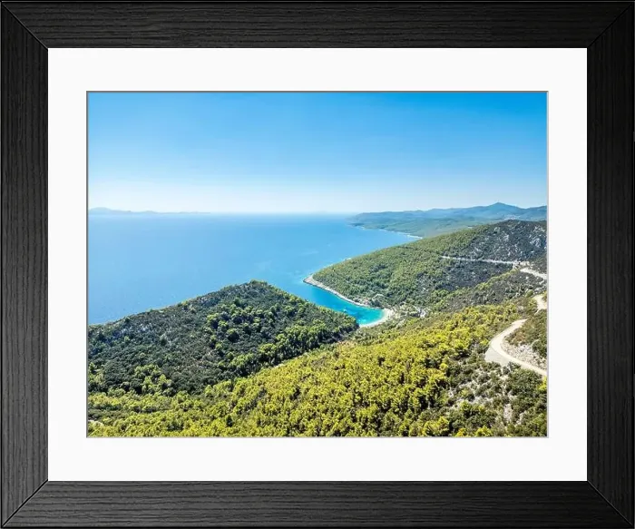 Framed Print : Korcula Island, Croatia - August 5, 2024: Aerial view of the Dalmatian coasts on the island of Korcula in Croatia Framed Print : Korcula Island, Croatia - August 5, 2024: Aerial view of the Dalmatian coasts on the island of Korcula in Croatia