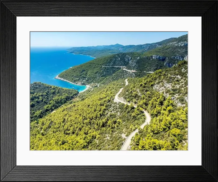 Framed Print : Korcula Island, Croatia - August 5, 2024: Aerial view of the Dalmatian coasts on the island of Korcula in Croatia Framed Print : Korcula Island, Croatia - August 5, 2024: Aerial view of the Dalmatian coasts on the island of Korcula in Croatia