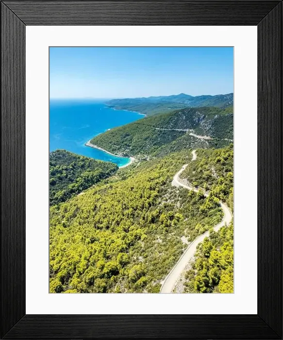 Framed Print : Korcula Island, Croatia - August 5, 2024: Aerial view of the Dalmatian coasts on the island of Korcula in Croatia Framed Print : Korcula Island, Croatia - August 5, 2024: Aerial view of the Dalmatian coasts on the island of Korcula in Croatia