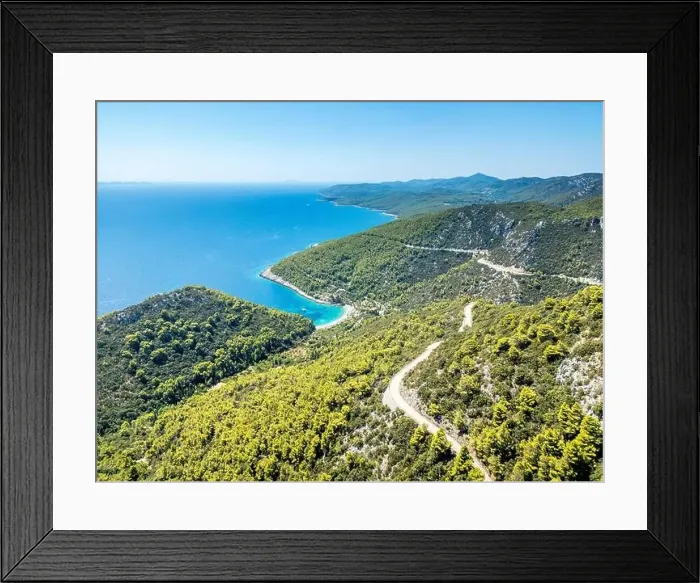 Framed Print : Korcula Island, Croatia - August 5, 2024: Aerial view of the Dalmatian coasts on the island of Korcula in Croatia Framed Print : Korcula Island, Croatia - August 5, 2024: Aerial view of the Dalmatian coasts on the island of Korcula in Croatia