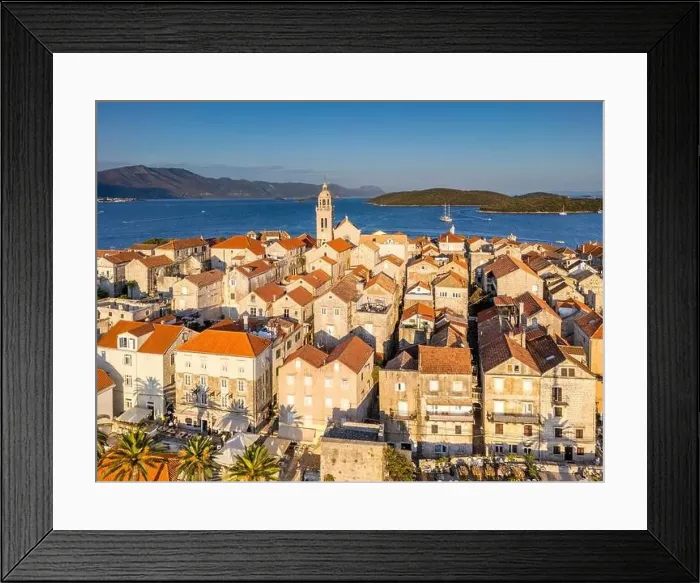 Framed Print : Korcula Island, Croatia - August 5, 2024: Aerial view of Korcula city in the island of Korcula, Croatia