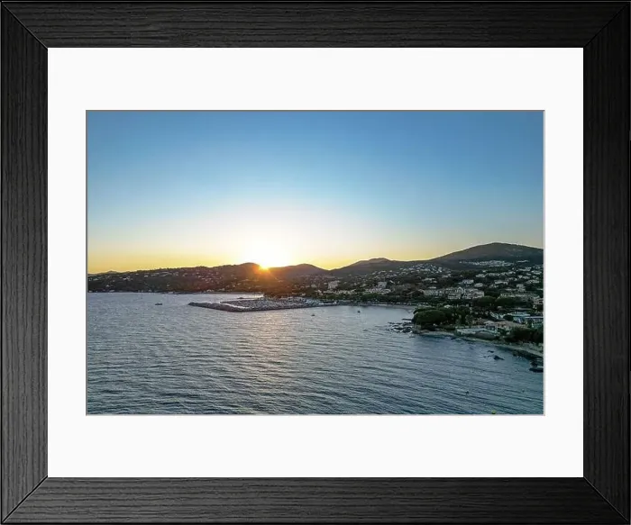 Framed Print : Aerial photo of Plage San Peire and the port at Sunset, Var, Provence-Alpes-Côte d'Azur, France Framed Print : Aerial photo of Plage San Peire and the port at Sunset, Var, Provence-Alpes-Côte d'Azur, France