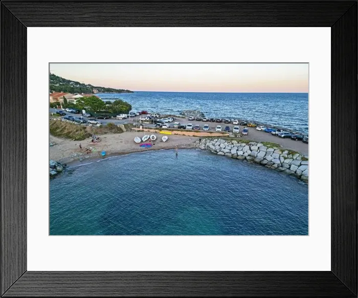 Framed Print : Sunset Drone Photo of Plage de l'Arpillon in Les Issambres, Var, Provence-Alpes-Côte d'Azur, France Framed Print : Sunset Drone Photo of Plage de l'Arpillon in Les Issambres, Var, Provence-Alpes-Côte d'Azur, France