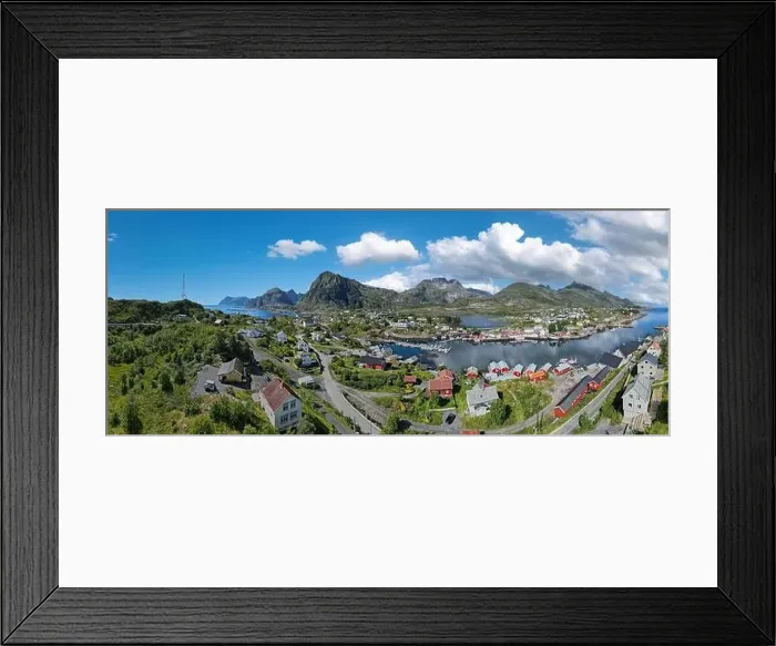Framed Print : Aerial view, panorama with village view amidst lush landscape at Vestfjord, Sorvagen, Lofoten, Norway, Europe Framed Print : Aerial view, panorama with village view amidst lush landscape at Vestfjord, Sorvagen, Lofoten, Norway, Europe