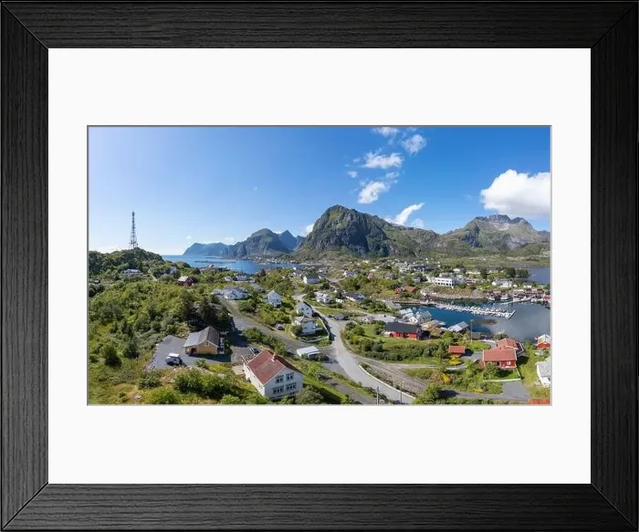 Framed Print : Aerial view, villagescape in rugged landscape, Sorvagen, Lofoten, Norway, Europe Framed Print : Aerial view, villagescape in rugged landscape, Sorvagen, Lofoten, Norway, Europe