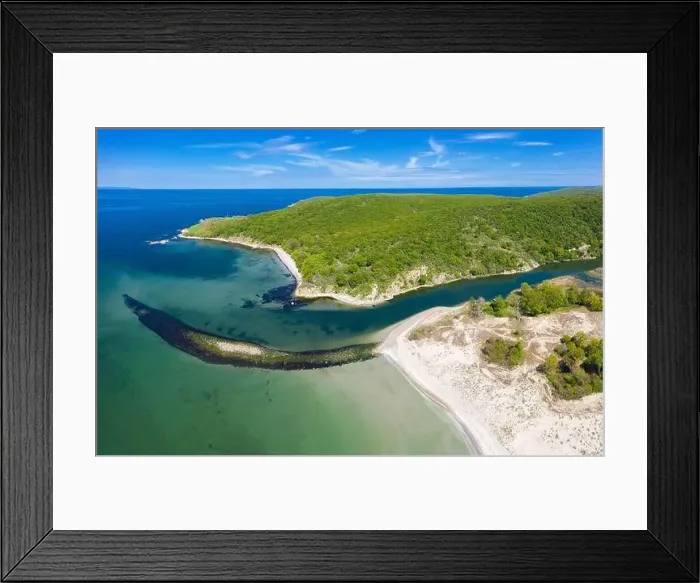 Framed Print : Aerial view to mouth of a river Ropotamo in Black Sea, Bulgaria Framed Print : Aerial view to mouth of a river Ropotamo in Black Sea, Bulgaria