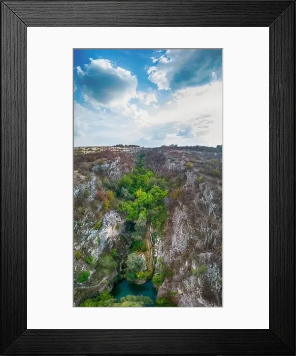 Framed Print : Drone view at Hotnishki Waterfall near Veliko Tarnovo during summer with great acqua colors Framed Print : Drone view at Hotnishki Waterfall near Veliko Tarnovo during summer with great acqua colors