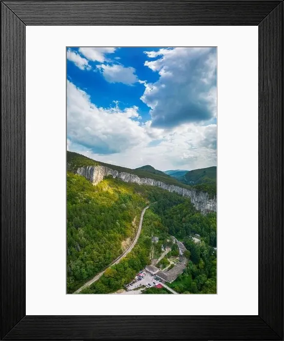 Framed Print : Drone view at Hotnishki Waterfall near Veliko Tarnovo during summer with great acqua colors Framed Print : Drone view at Hotnishki Waterfall near Veliko Tarnovo during summer with great acqua colors