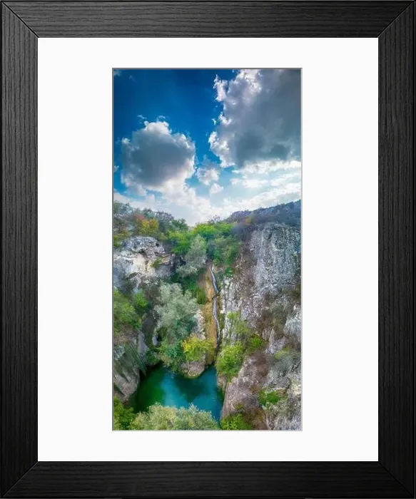 Framed Print : Drone view at Hotnishki Waterfall near Veliko Tarnovo during summer with great acqua colors Framed Print : Drone view at Hotnishki Waterfall near Veliko Tarnovo during summer with great acqua colors