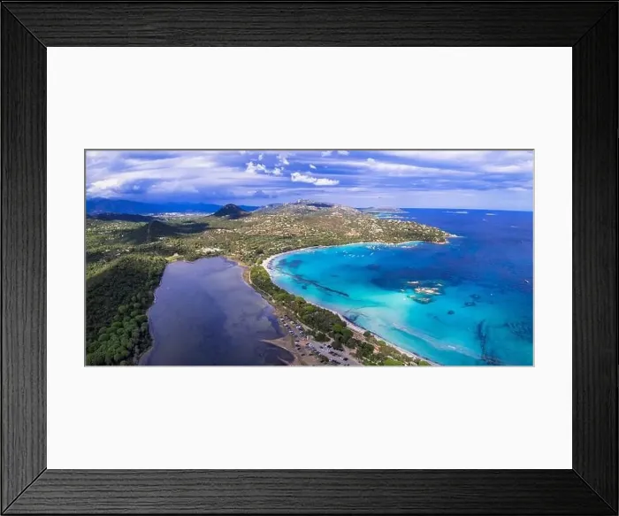 Framed Print : Best beaches of Corsica island - aerial video of beautiful Santa Giulia long beach with sault lake from one side Framed Print : Best beaches of Corsica island - aerial video of beautiful Santa Giulia long beach with sault lake from one side