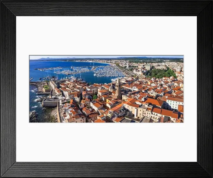 Framed Print : Sardegna (Sardinia) island landmarks. Charming historic Alghero. Aerial drone panoramic view of marine and old town Framed Print : Sardegna (Sardinia) island landmarks. Charming historic Alghero. Aerial drone panoramic view of marine and old town