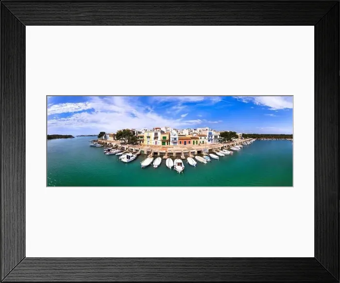 Framed Print : Mallorca island landmarks. Scenic fishing village Portocolom with colorful houses and boats Framed Print : Mallorca island landmarks. Scenic fishing village Portocolom with colorful houses and boats