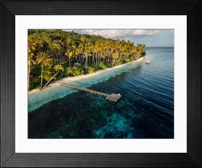 Framed Print : Paradise tropical coastline with coconut palm trees and beach with wooden pier on sunrise in Indonesia Framed Print : Paradise tropical coastline with coconut palm trees and beach with wooden pier on sunrise in Indonesia
