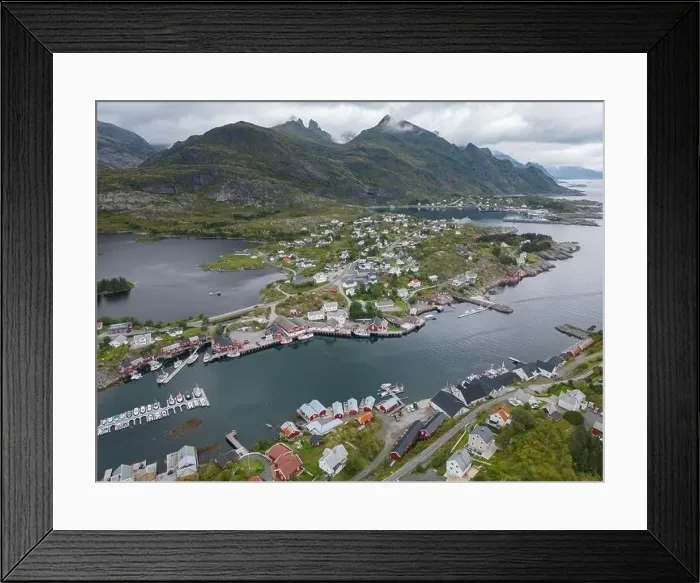 Framed Print : Sorvagen city aerial cloudy view with harbor and rocky mountains, Lofoten Norway Framed Print : Sorvagen city aerial cloudy view with harbor and rocky mountains, Lofoten Norway