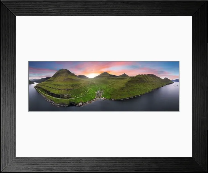 Framed Print : Sunset Aerial panorama of mountains and ocean around village of Funningur on Faroe Islands, Denmark landscape Framed Print : Sunset Aerial panorama of mountains and ocean around village of Funningur on Faroe Islands, Denmark landscape