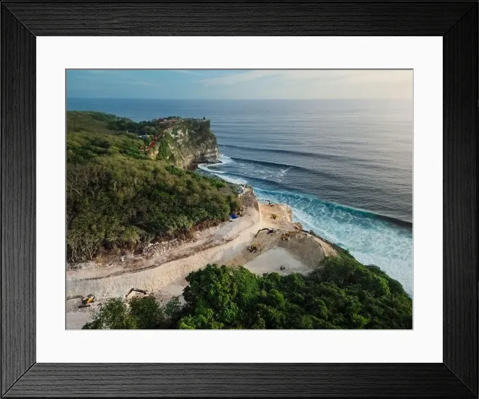 Framed Print : Development construction in Uluwatu, Bali. The work of escalators destruction of the rock Framed Print : Development construction in Uluwatu, Bali. The work of escalators destruction of the rock