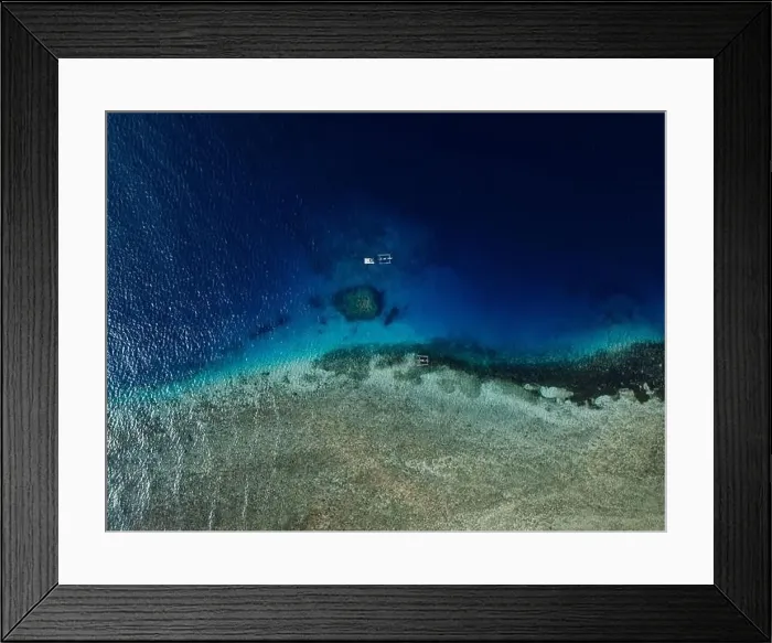 Framed Print : Seascape aerial drone view over coral reef with boats in Bali Framed Print : Seascape aerial drone view over coral reef with boats in Bali