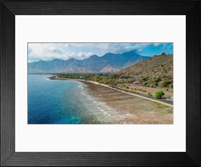 Framed Print : Scenic landscape on West Bali with blue ocean and mountains in Pemuteran area Framed Print : Scenic landscape on West Bali with blue ocean and mountains in Pemuteran area