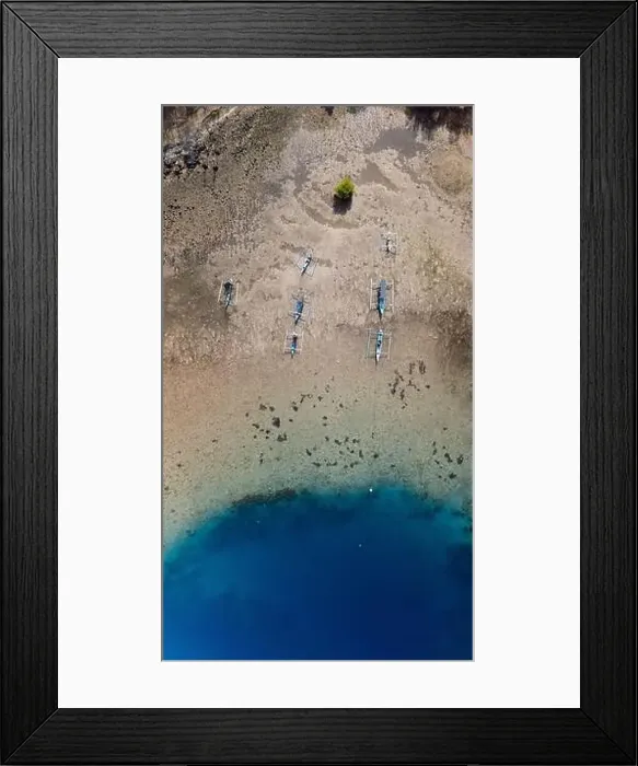 Framed Print : Touristic boats in harbor with blue ocean near Menjangan island, Bali. Aerial view Framed Print : Touristic boats in harbor with blue ocean near Menjangan island, Bali. Aerial view