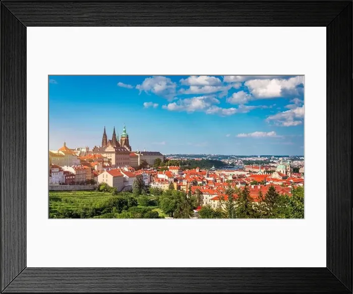 Framed Print : View of Prague featuring historic castle and vibrant rooftops on a sunny day in summer Framed Print : View of Prague featuring historic castle and vibrant rooftops on a sunny day in summer
