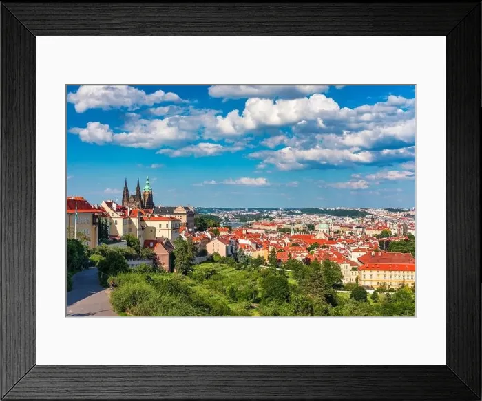 Framed Print : View of Prague featuring historic castle and vibrant rooftops on a sunny day in summer Framed Print : View of Prague featuring historic castle and vibrant rooftops on a sunny day in summer