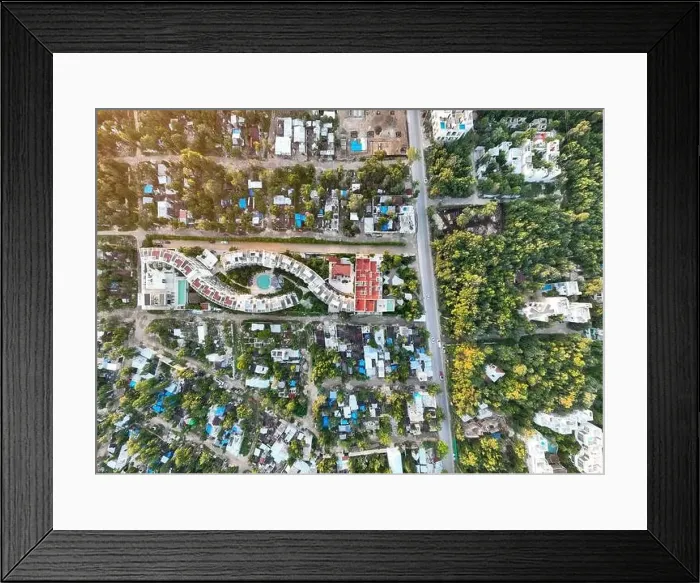 Framed Print : Aerial view of hotels and resorts of Tulum in Yucatan, Mexico at dawn Framed Print : Aerial view of hotels and resorts of Tulum in Yucatan, Mexico at dawn