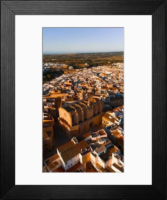 Framed Print : Drone capture of Ciutadella Cathedral dominating the town landscape at sunset Framed Print : Drone capture of Ciutadella Cathedral dominating the town landscape at sunset