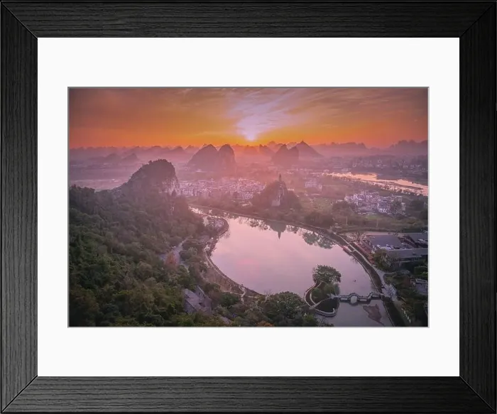 Framed Print : Drone Sunset View of Guilin, Li River and Karst mountains, Guilin city, Guangxi, province, China Framed Print : Drone Sunset View of Guilin, Li River and Karst mountains, Guilin city, Guangxi, province, China