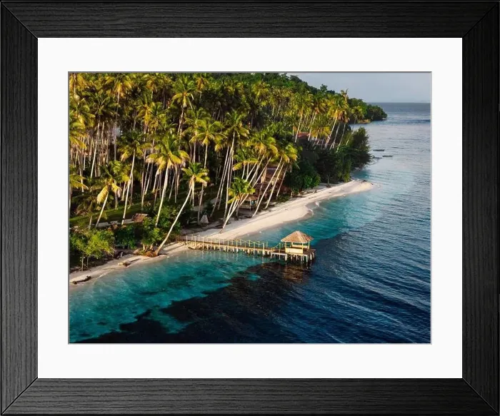 Framed Print : Tropical coastline with coconut palm trees and beach with wooden pier on sunrise in Indonesia. Travel destination Framed Print : Tropical coastline with coconut palm trees and beach with wooden pier on sunrise in Indonesia. Travel destination