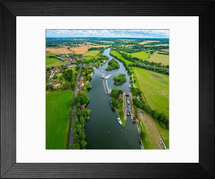 Framed Print : Aerial view of Hambleden Lock near Mill End on the river Thames, UK Framed Print : Aerial view of Hambleden Lock near Mill End on the river Thames, UK