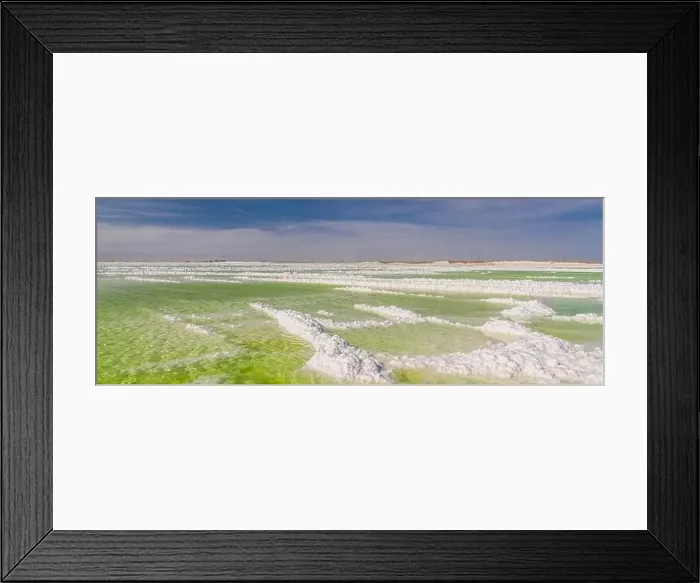 Framed Print : Qarhan or Chaerhan lake in Qinghai, drone aerial picture. Emerald lake background, copy space for text, panorama