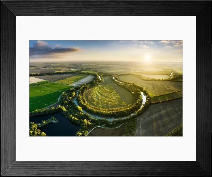 Framed Print : Panorama of Small Danube river from drone at sunset with gren fields and sun, Slovakia Framed Print : Panorama of Small Danube river from drone at sunset with gren fields and sun, Slovakia
