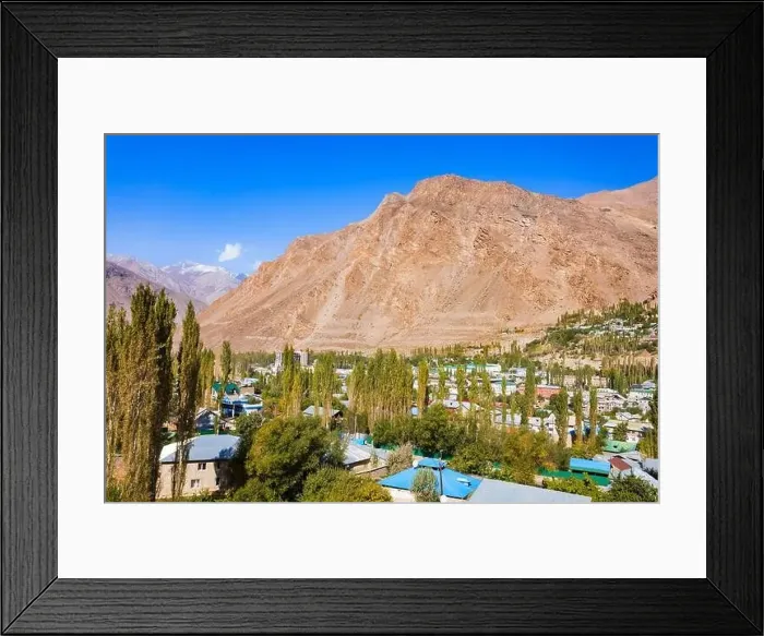 Framed Print : Khorog city aerial panoramic view. Khorog is situated along the Pamir Highway in Gorno-Badakhshan, Tajikistan Framed Print : Khorog city aerial panoramic view. Khorog is situated along the Pamir Highway in Gorno-Badakhshan, Tajikistan