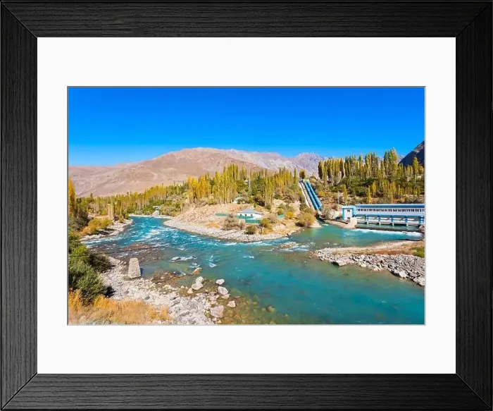 Framed Print : Dam on the Ghunt river and Pamir mountains aerial panoramic view Framed Print : Dam on the Ghunt river and Pamir mountains aerial panoramic view