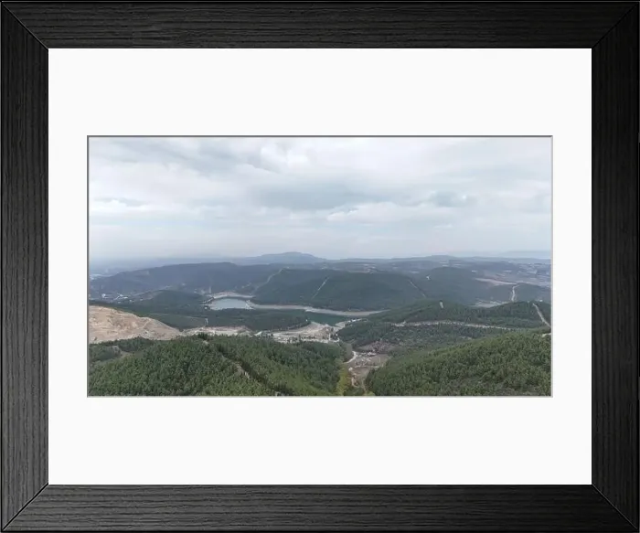 Framed Print : Aerial lake view in overcast weather covered by pine tree forest Framed Print : Aerial lake view in overcast weather covered by pine tree forest
