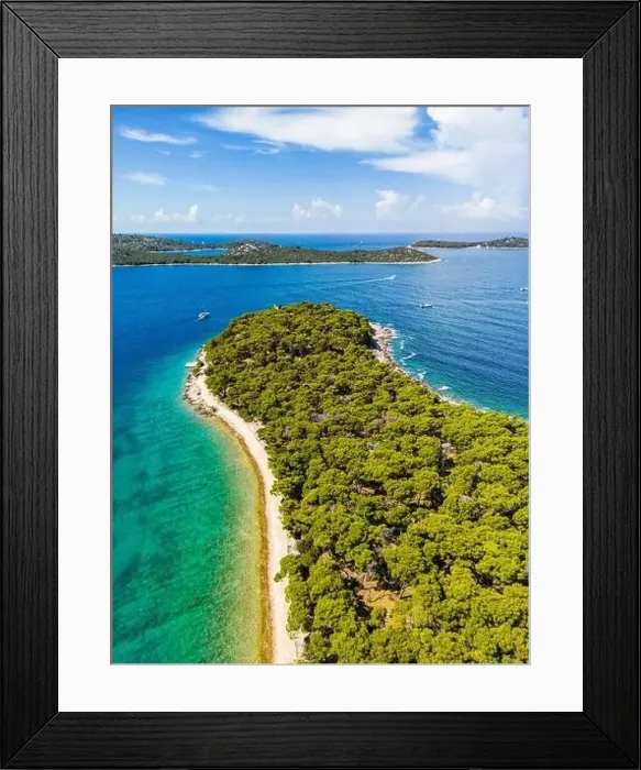 Framed Print : Aerial view of wonderful, green peninsula and white beaches with islands on the horizon at the Rogoznica archipelago Framed Print : Aerial view of wonderful, green peninsula and white beaches with islands on the horizon at the Rogoznica archipelago