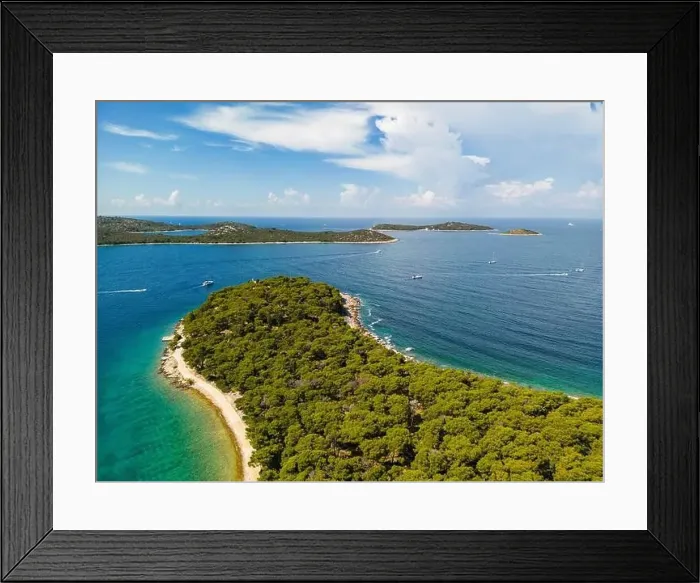 Framed Print : Aerial view of wonderful, green peninsula and white beaches with islands on the horizon at the Rogoznica archipelago Framed Print : Aerial view of wonderful, green peninsula and white beaches with islands on the horizon at the Rogoznica archipelago