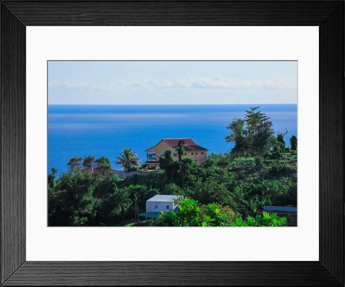 Framed Print : Colorful Houses among the green trees on the Guadalupe hills, Caribbean islands Framed Print : Colorful Houses among the green trees on the Guadalupe hills, Caribbean islands