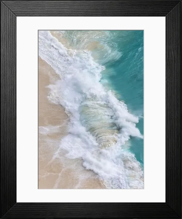 Framed Print : From above, turquoise waves gently crash onto the soft sands of Kelingking Beach in Nusa Penida