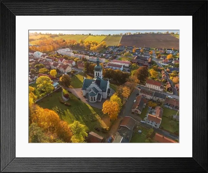 Framed Print : Gränna church in Sweden, autumn colors, at sunset, aerial view. Beautiful small swedish town Framed Print : Gränna church in Sweden, autumn colors, at sunset, aerial view. Beautiful small swedish town